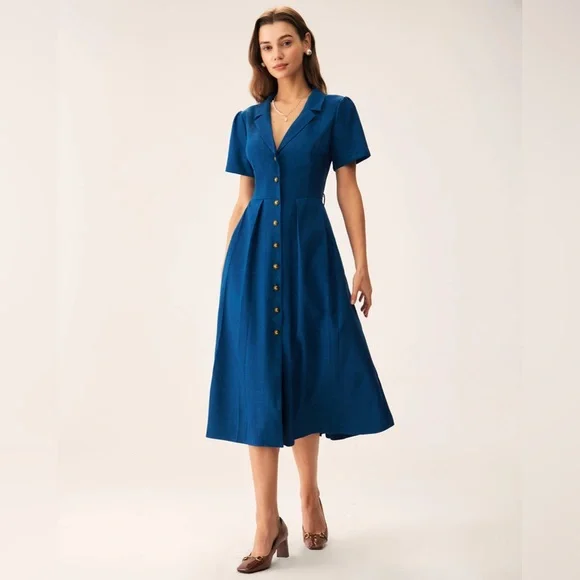 RIHOAS | Dresses | Rihoas Blue V Neck Pleated Button Midi Dress